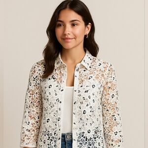 Ember Mesh Lace Pearl Button Up A-line Blouse ¾ Sleeves White Black Floral sz L